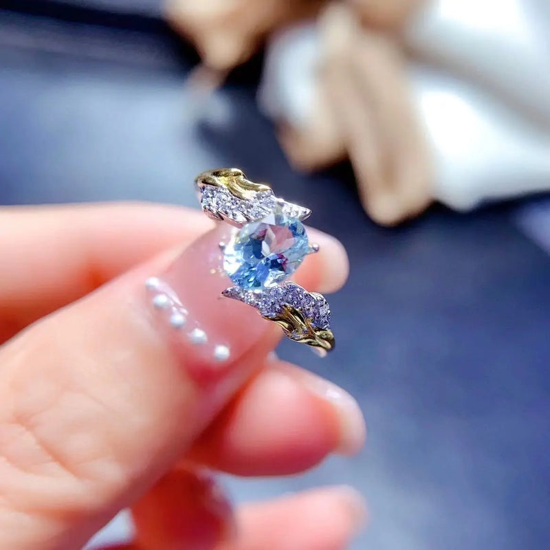 925 Silver Natural Aquamarine Inlaid Ring