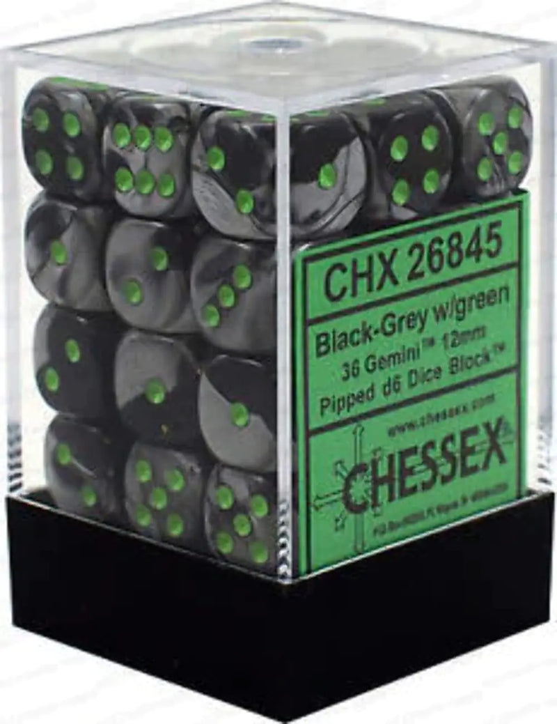 DND Dice Set-Chessex D&D Dice-12mm Gemini Black Grey and Green Polyhedral Dice Set-Dungeons and Dragons Dice Includes 36 Dice – D6 Multi-Coloured 26845
