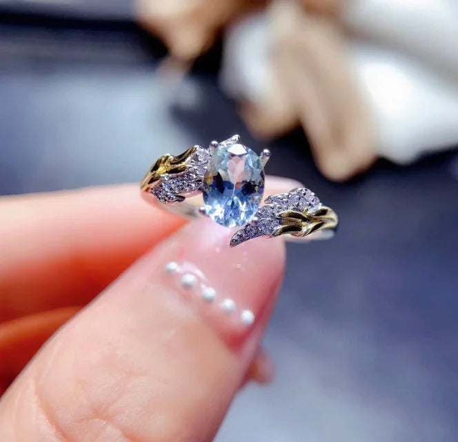 925 Silver Natural Aquamarine Inlaid Ring